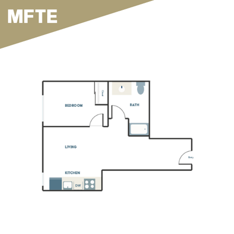 A floor plan of a small apartment with a bedroom, living room, kitchen, and bathroom.